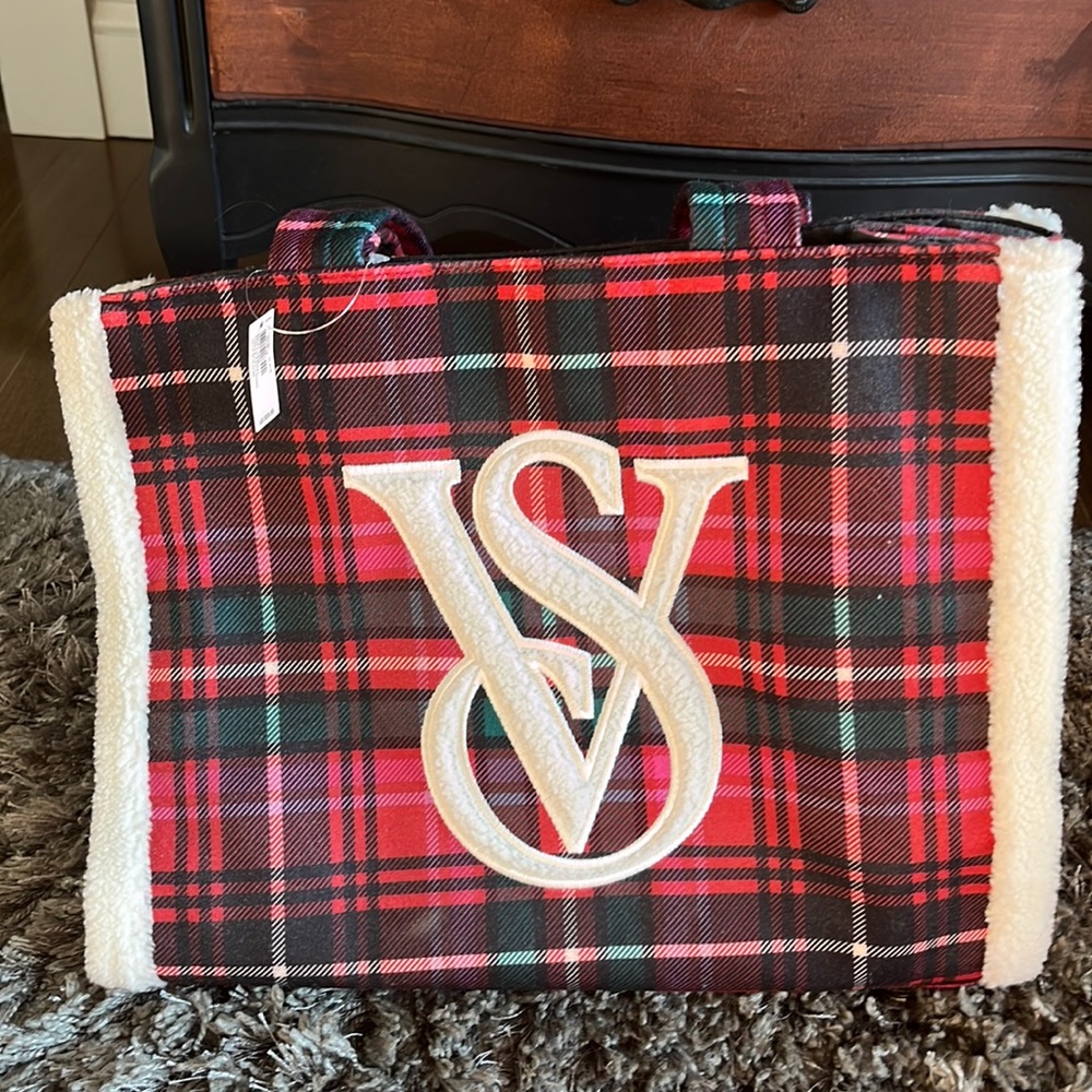 Victoria’s Secret red and green plaid tote bag